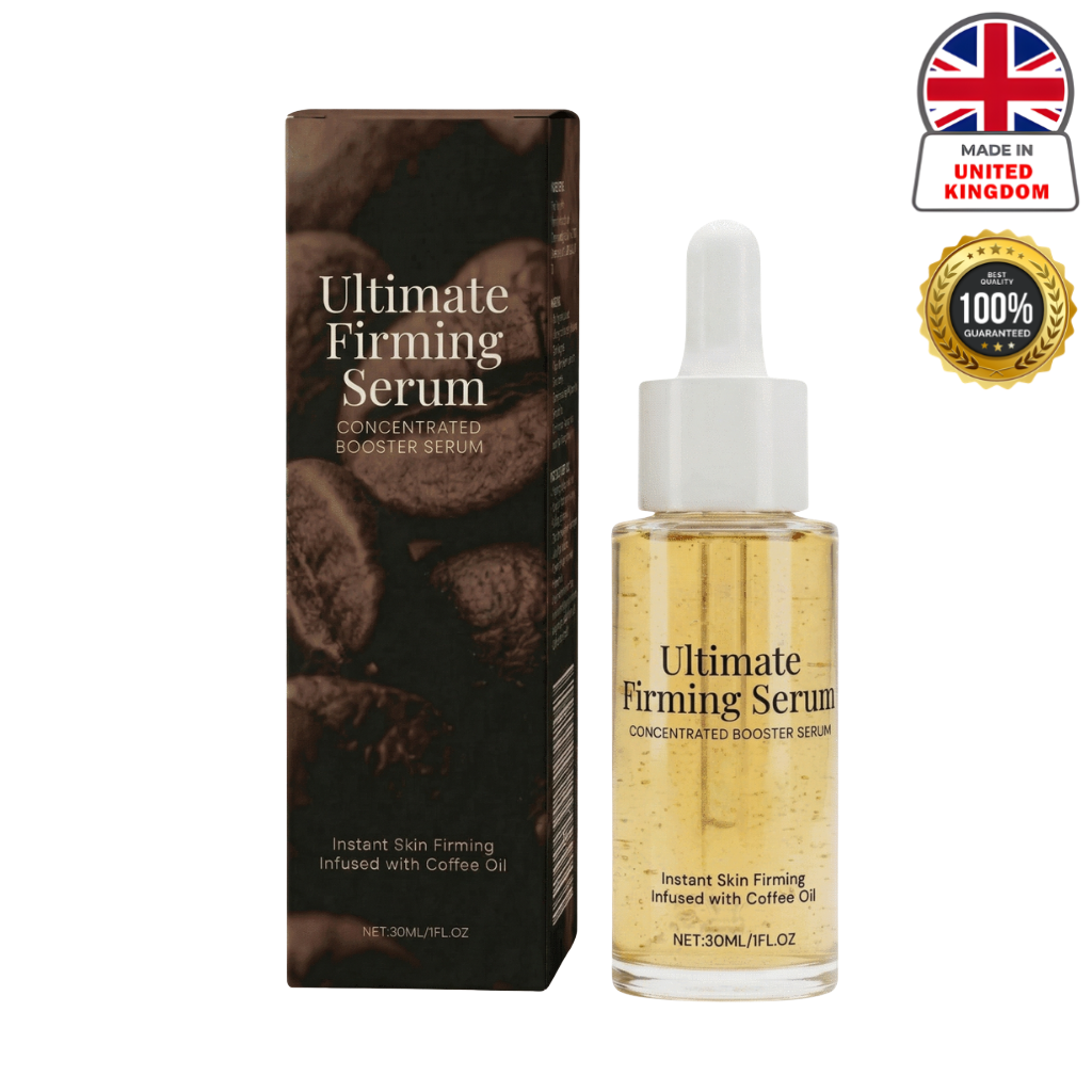 Ultimate Firming Serum in a sleek bottle, promoting instant skin firming with coffee oil infusion.