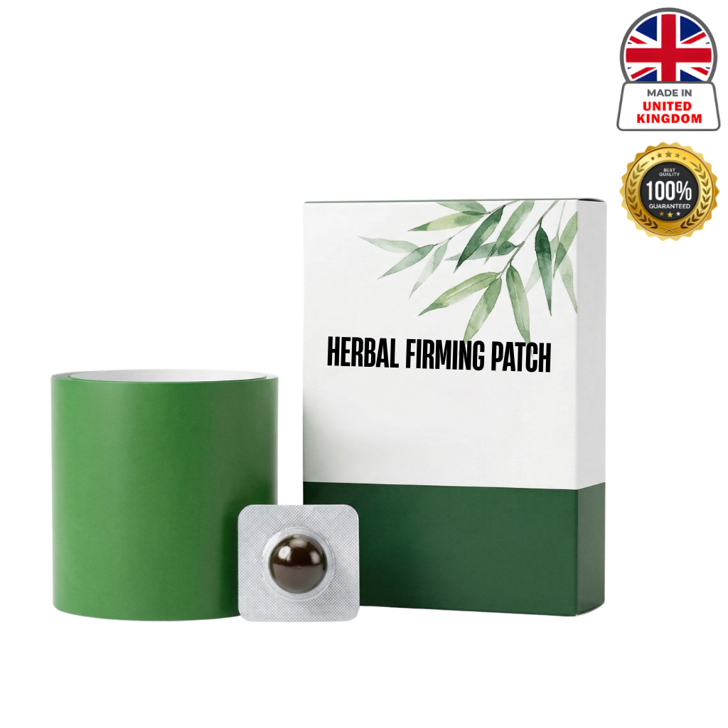 Herbal Firming Patch packaging next to a patch, promoting smoother and balanced skin.