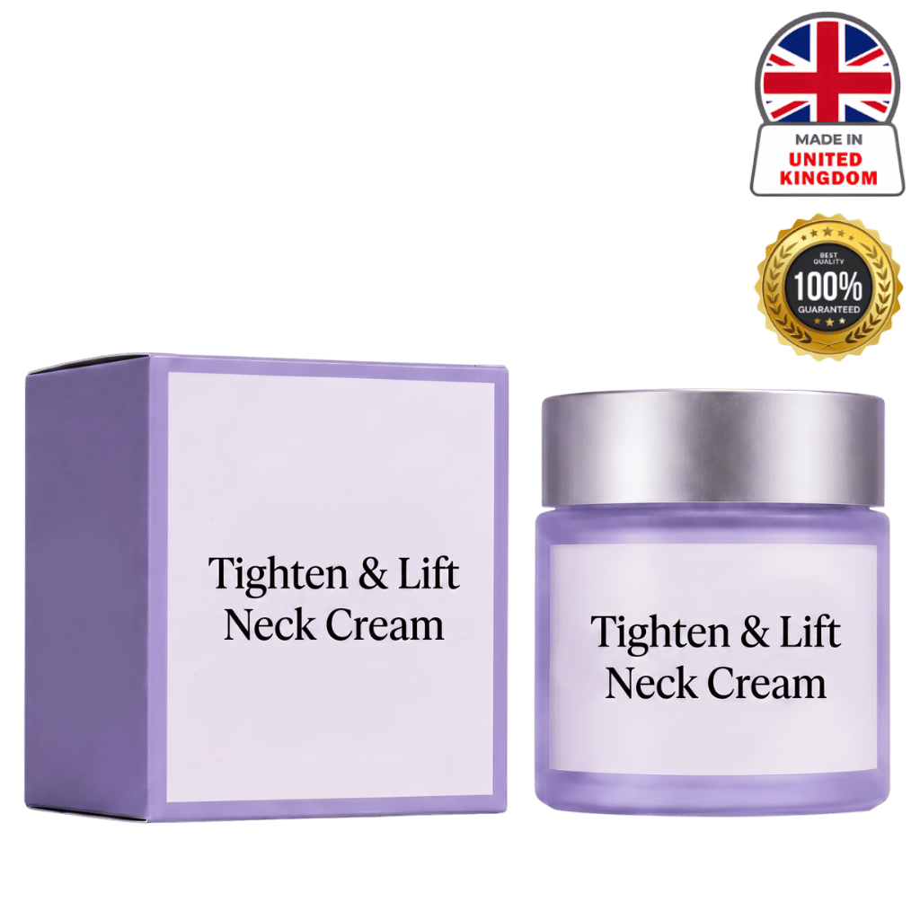 Tighten & Lift Neck Cream in a jar beside its packaging, promoting skin lifting and smoothing benefits.