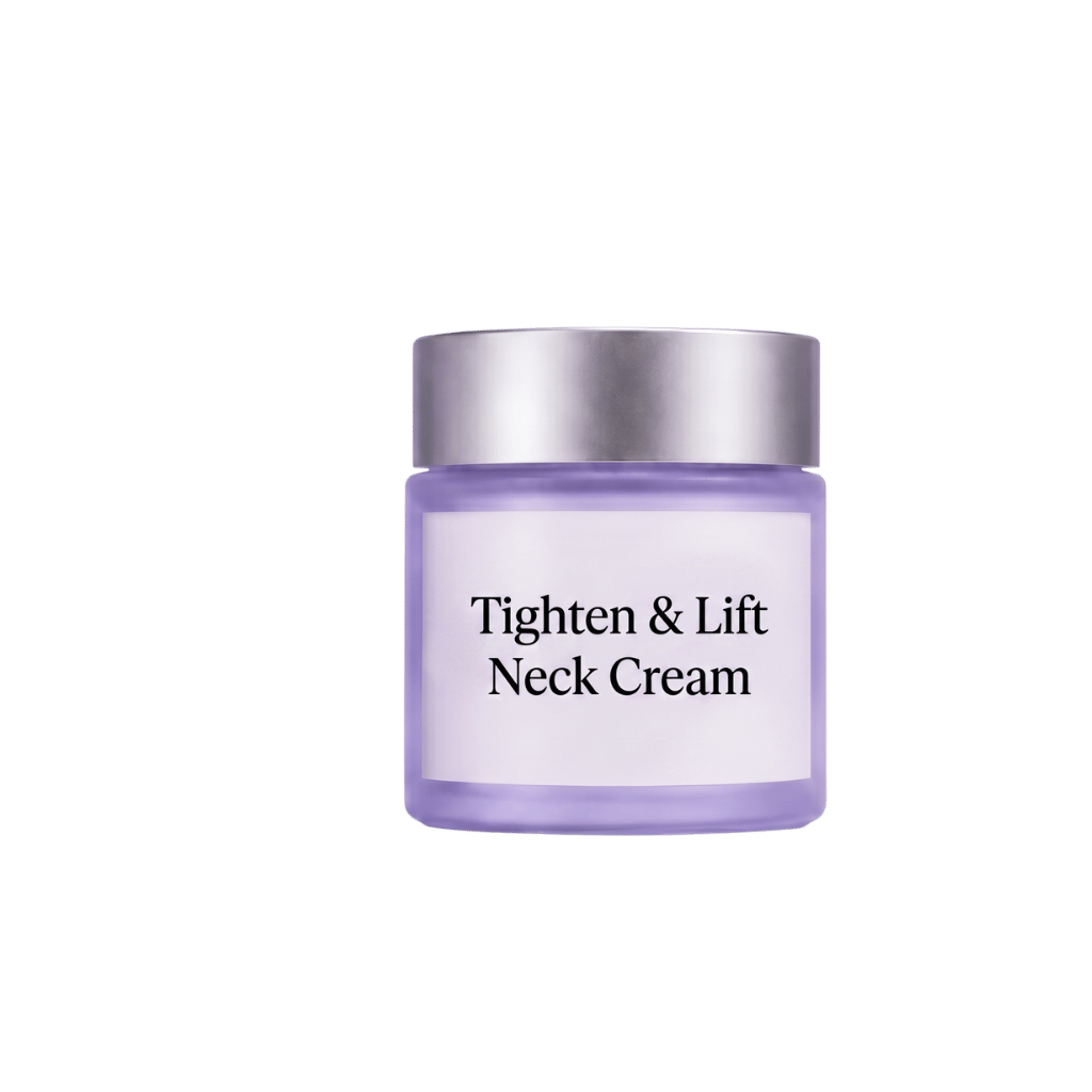 Tighten & Lift Neck Cream in a jar, promoting lifted and smoother neck skin.
