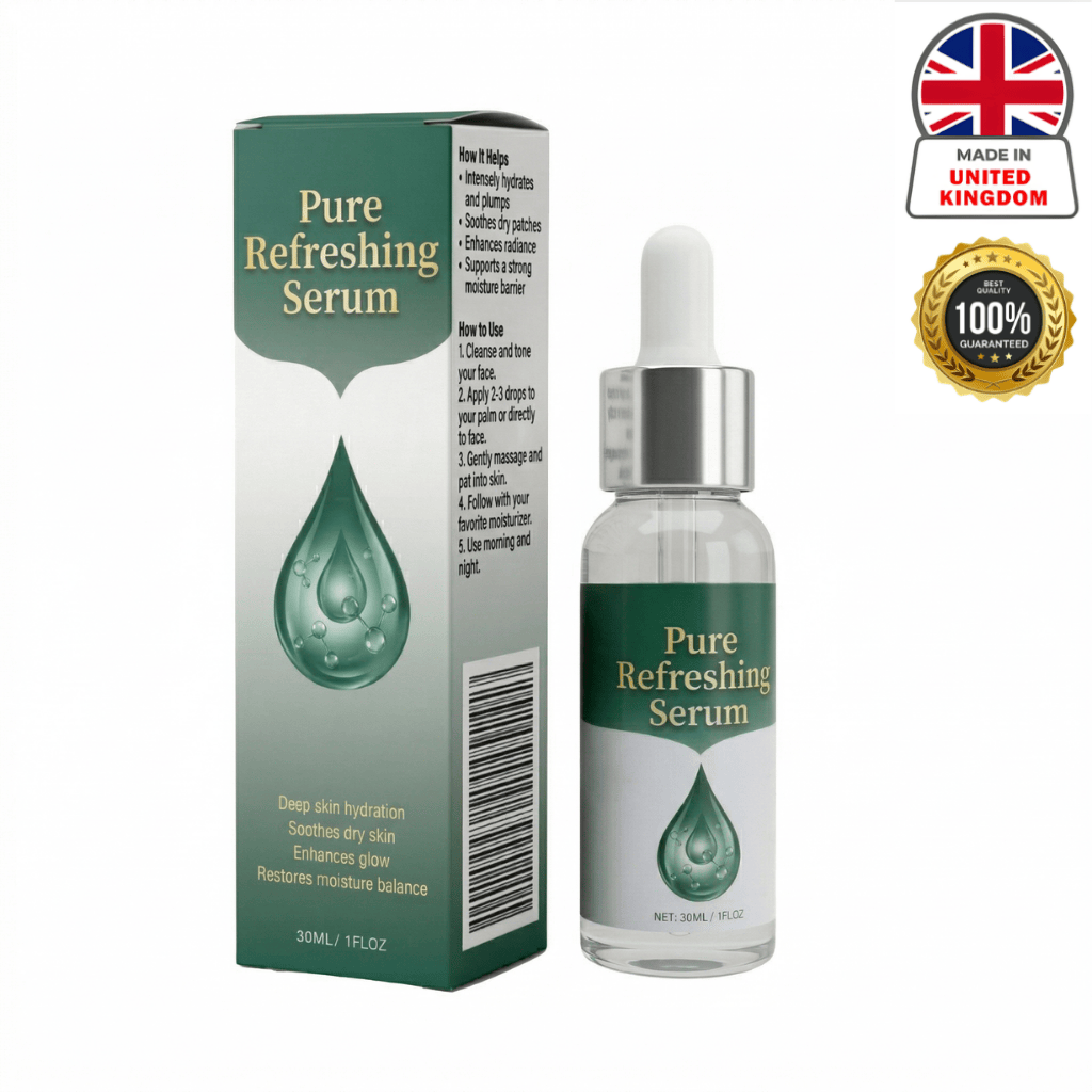 Premium Pure Refreshing Serum in a 30ml bottle with hydrating benefits and packaging indicating UK origin.
