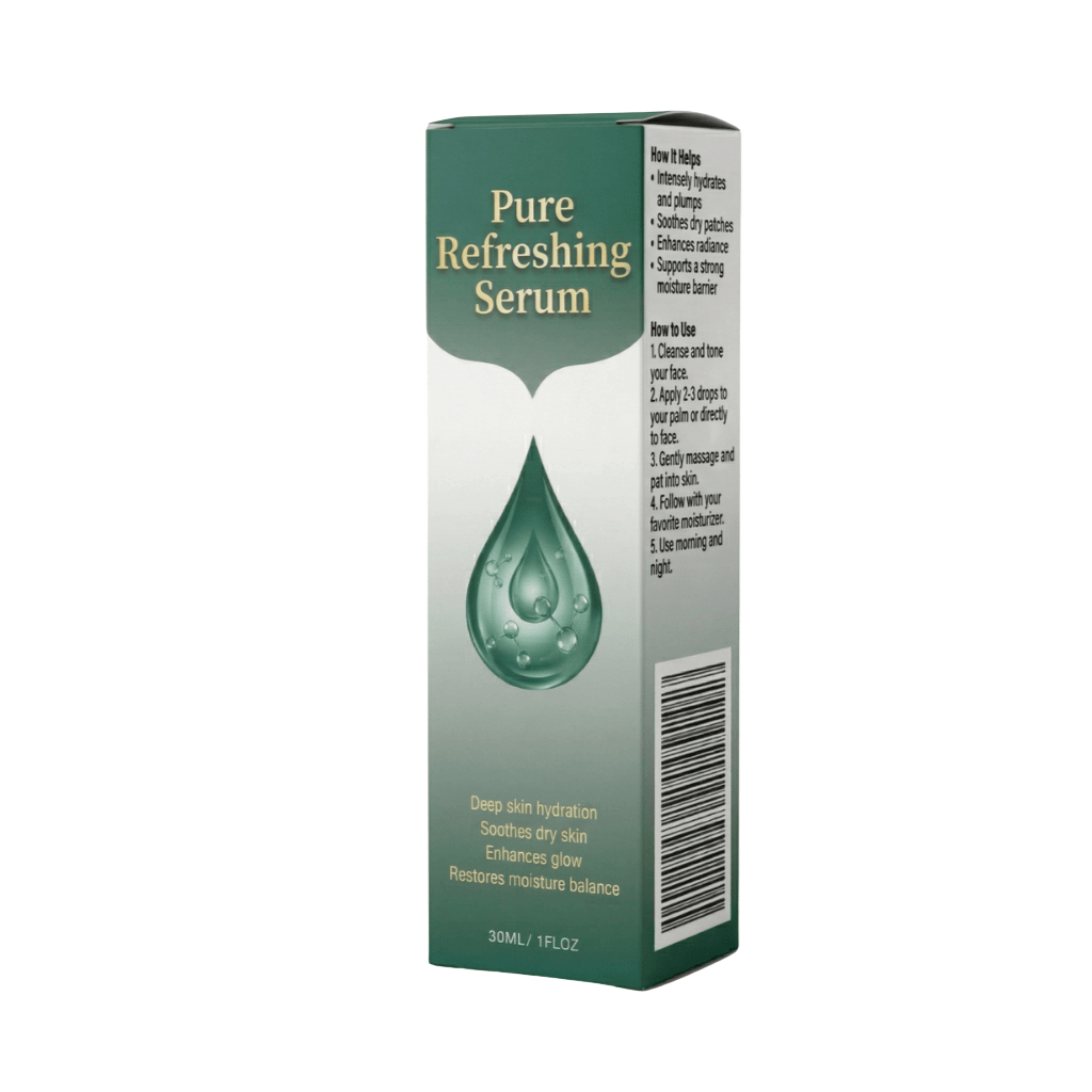 Premium Pure Refreshing Serum packaging with instructions, benefits, and hydration details.