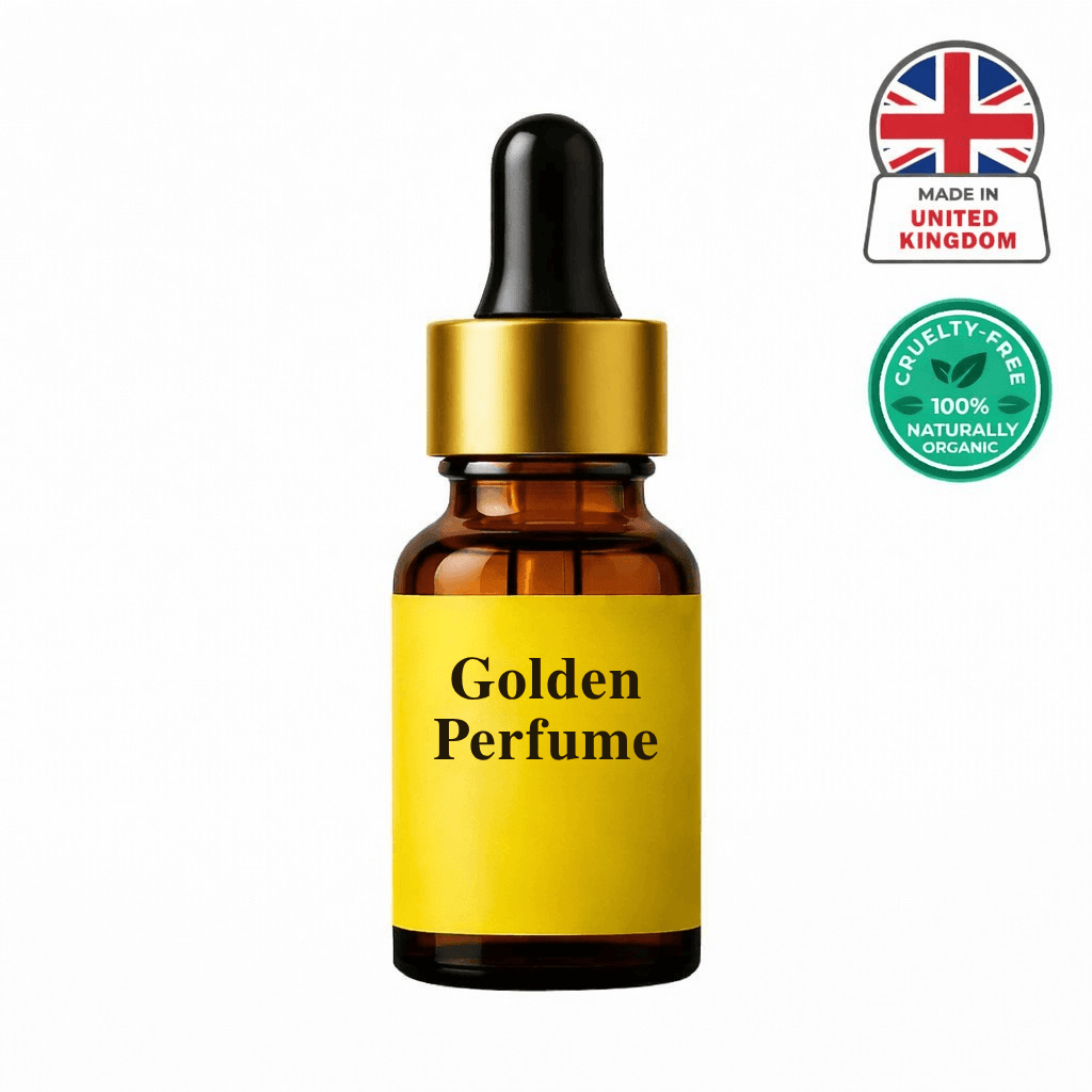 Golden Perfume bottle with dropper cap, cruelty-free and organic, made in United Kingdom.