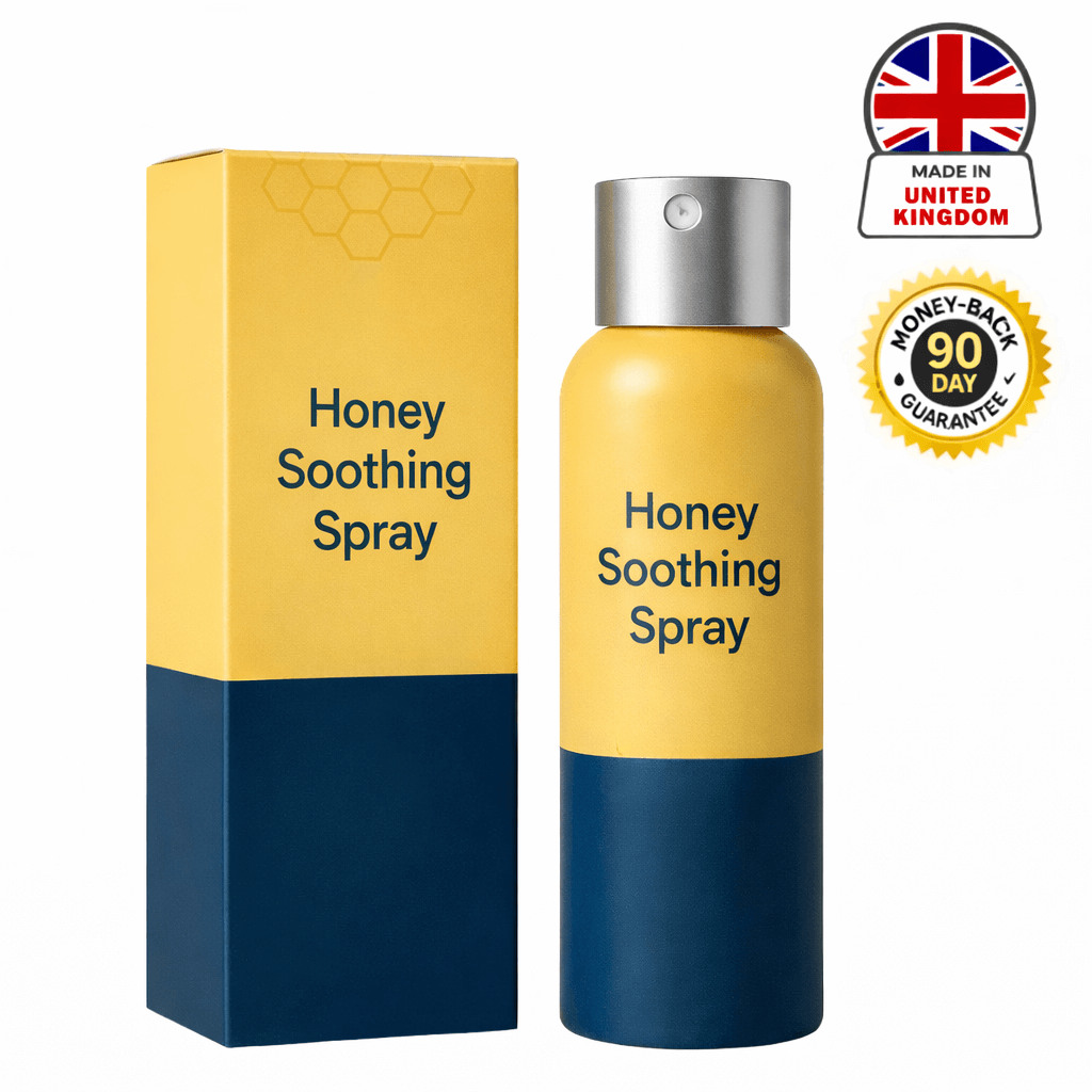 Honey Soothing Spray bottle and box packaging with a 90-day money-back guarantee label.