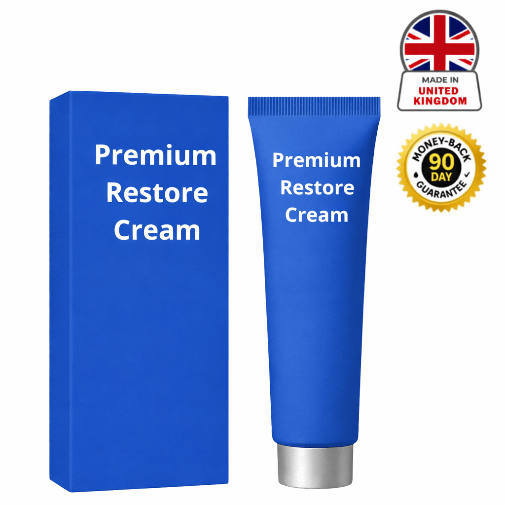 Premium Restore Cream packaging and tube, designed for smooth and polished skin care.