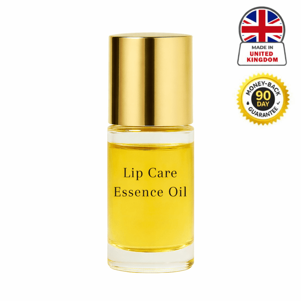 Lip Care Essence Oil bottle with golden cap, showcasing concentrated overnight lip treatment for smooth, luminous lips.