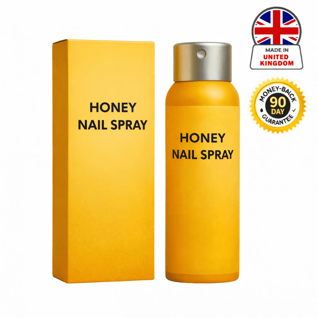 Honey Nail Spray in a vibrant yellow bottle and box, designed for nail care with a 90-day guarantee.