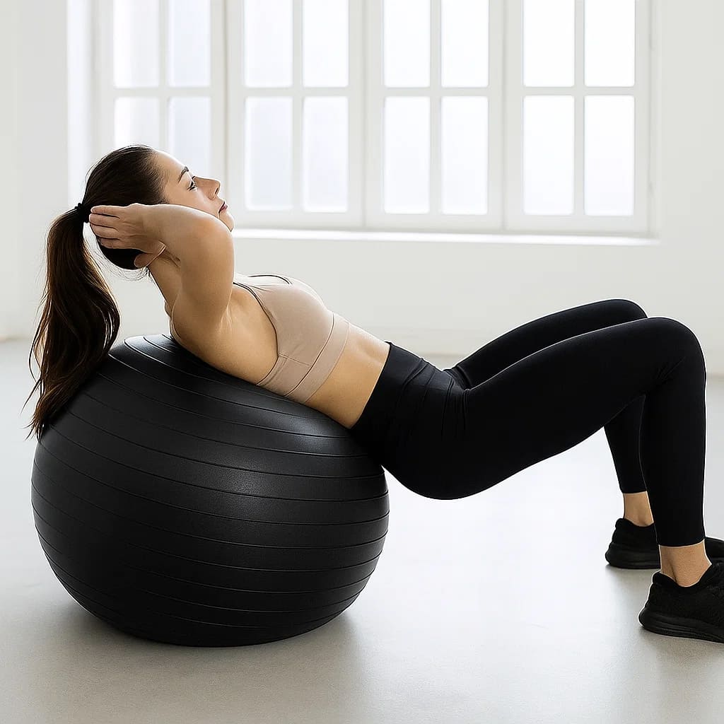 Woman using a CoreBalance Stability Ball for core strengthening exercises at home.