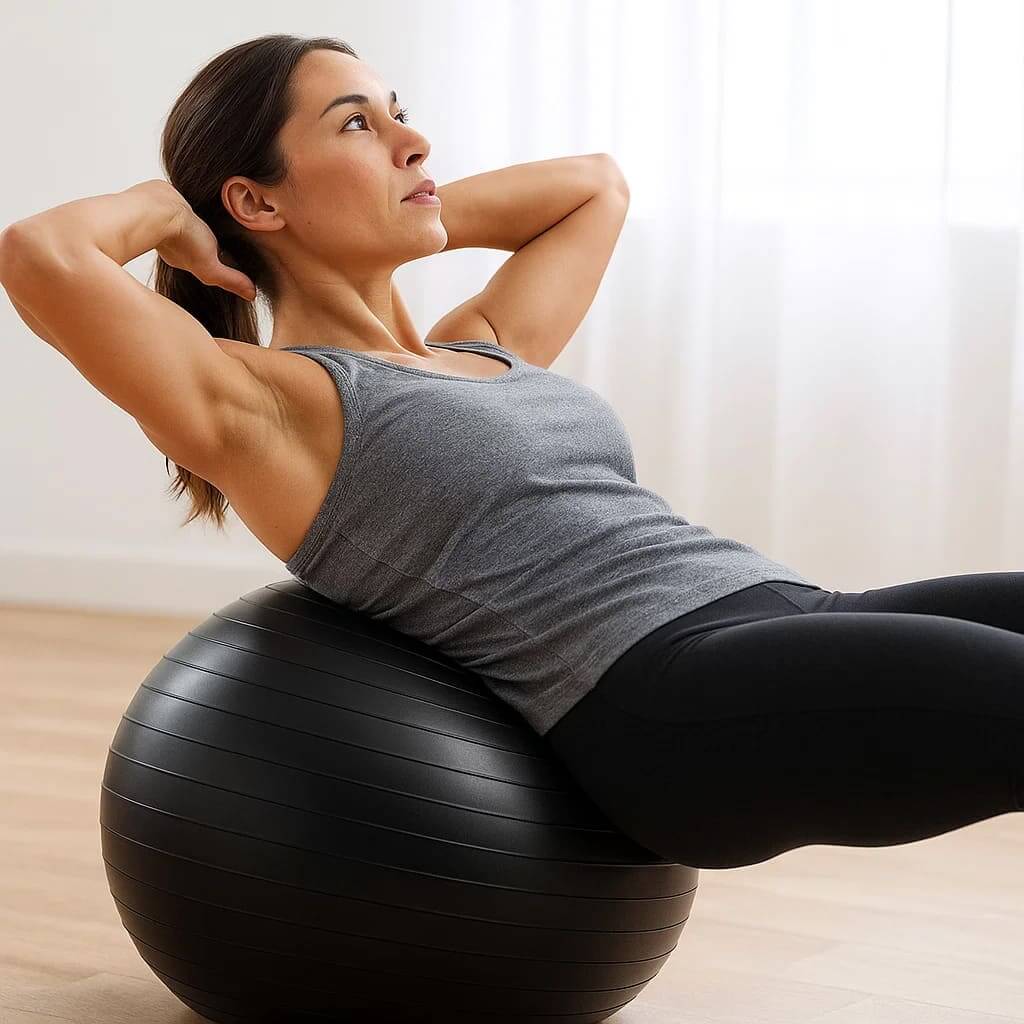 Woman performing crunches on the CoreBalance Stability Ball for core strength and posture enhancement.