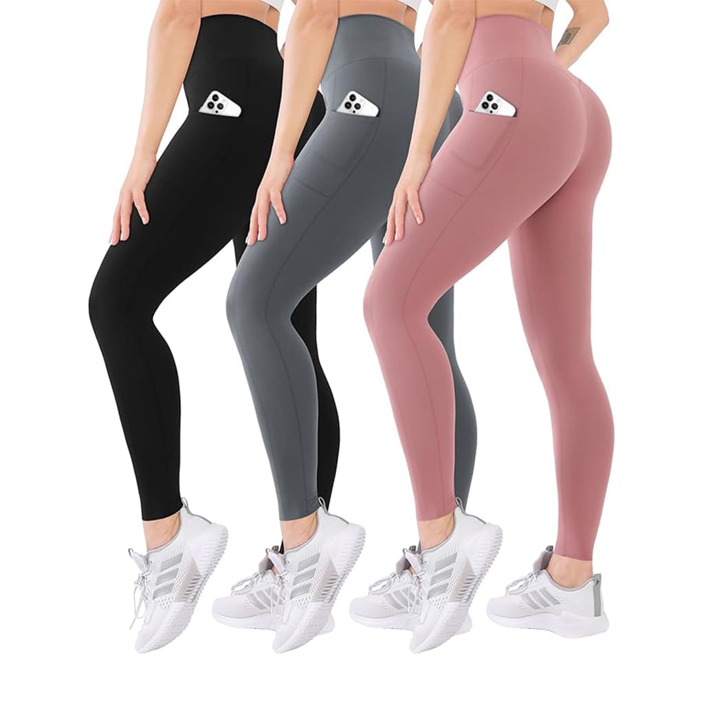 FormFit Leggings in black, gray, and pink with deep side pockets for practicality and high-rise waistband for support.