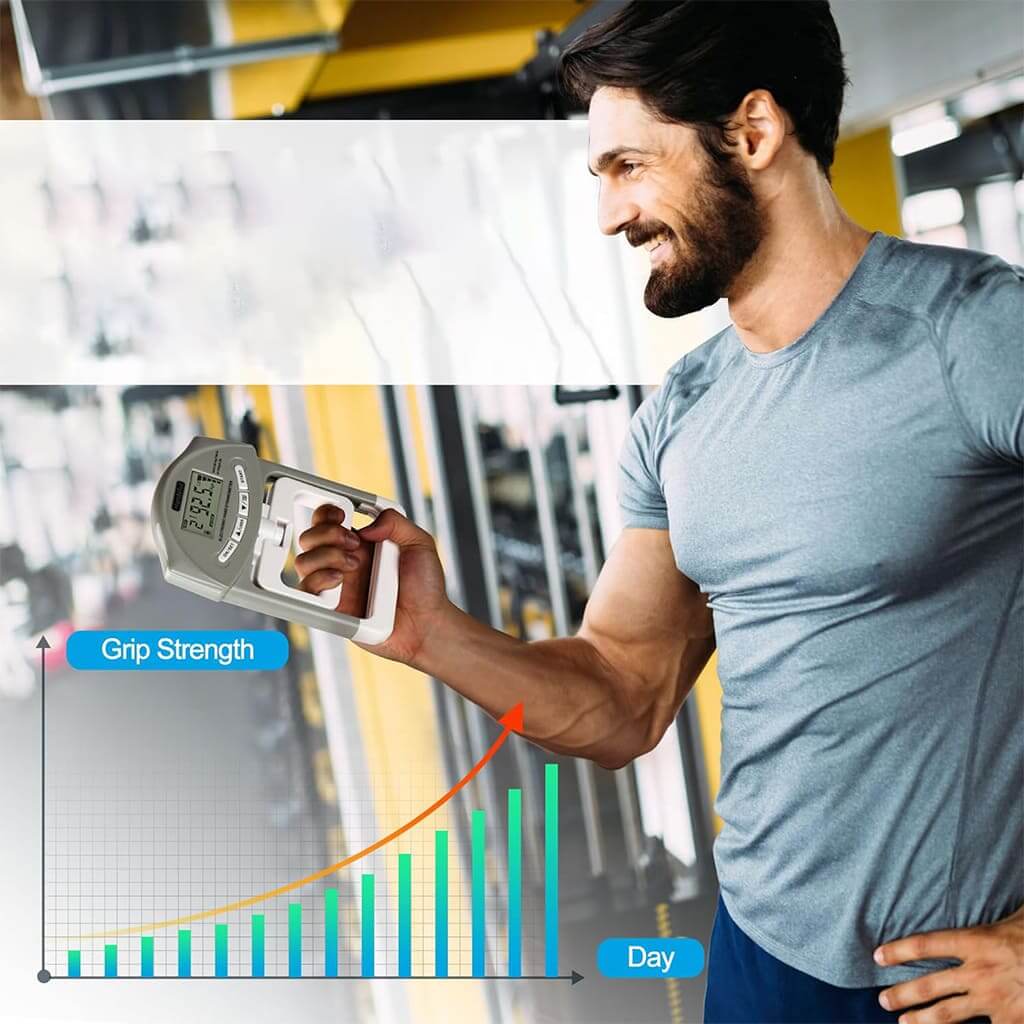 Man using GripPro Digital Hand Dynamometer to measure grip strength in a gym setting.
