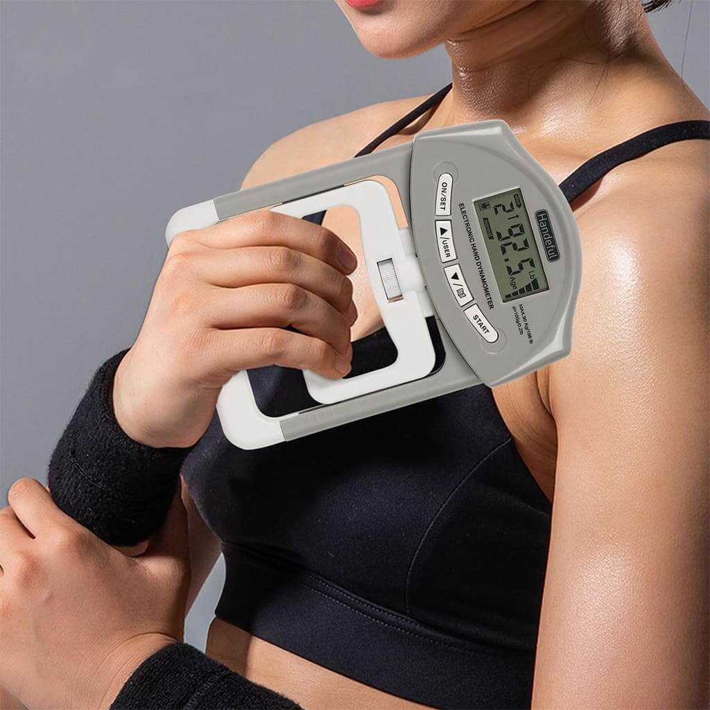 GripPro Digital Hand Dynamometer measuring grip strength with LCD display in athlete's hand.