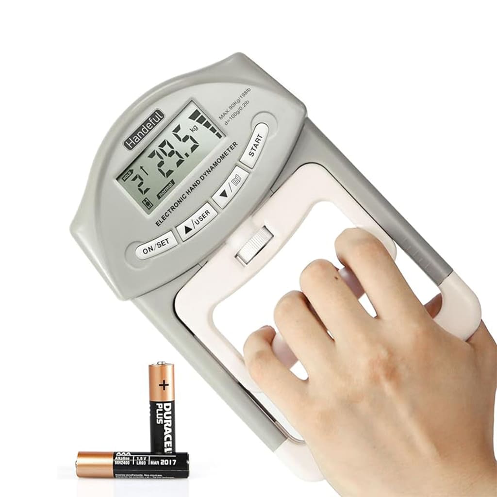 GripPro Digital Hand Dynamometer measuring grip strength with an LCD display and batteries in view.