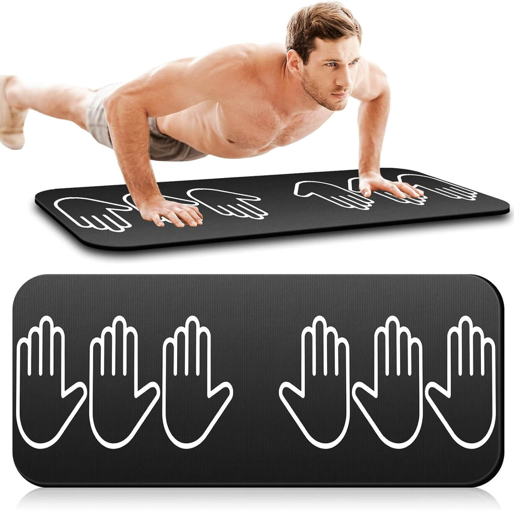 Man using Medivita CoreAlign Trainer exercise mat for push-ups with alignment guides.