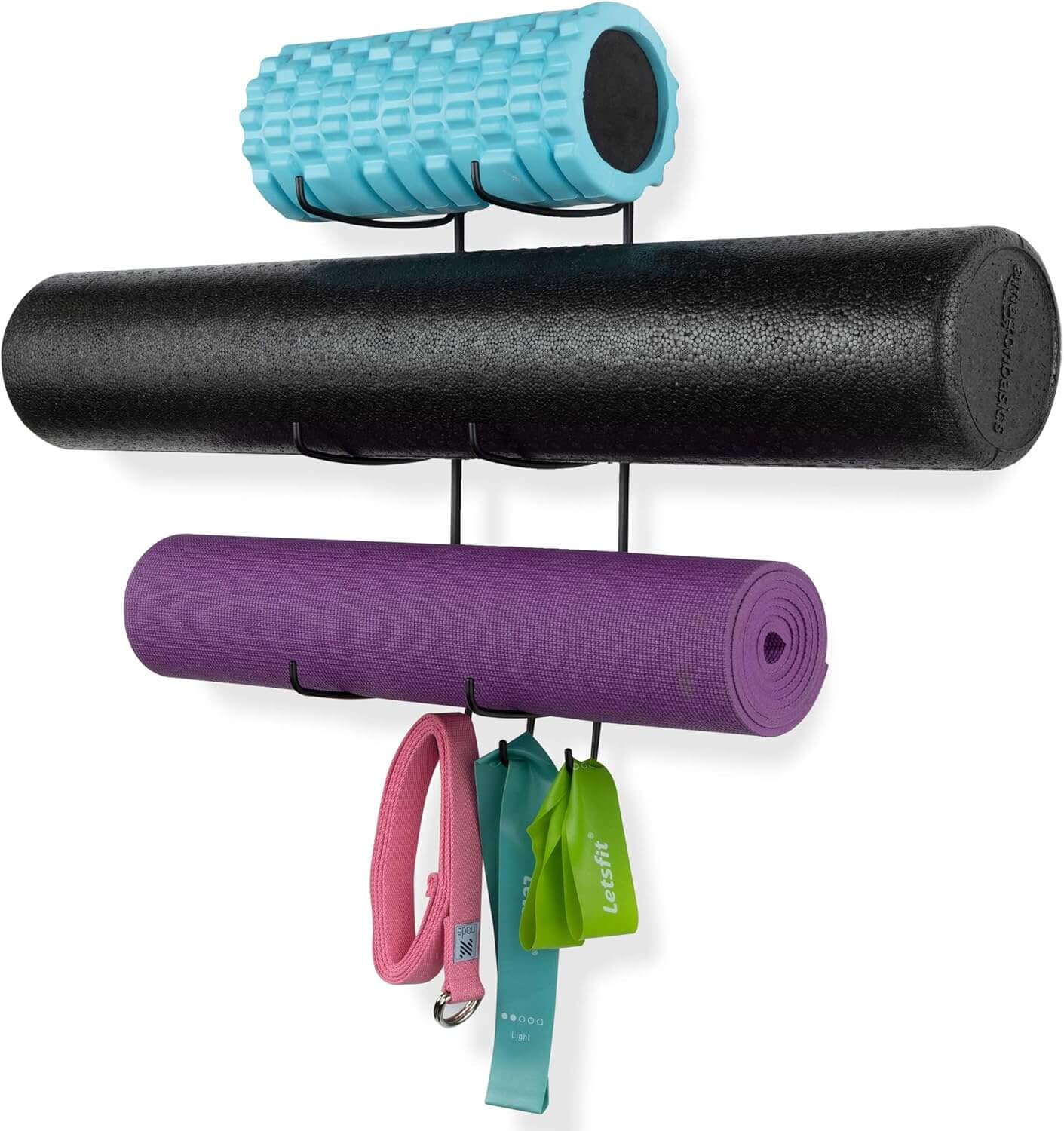 Medivita FlexRack Organizer holding yoga mats, foam rollers, and resistance bands in a sleek wall-mounted system.