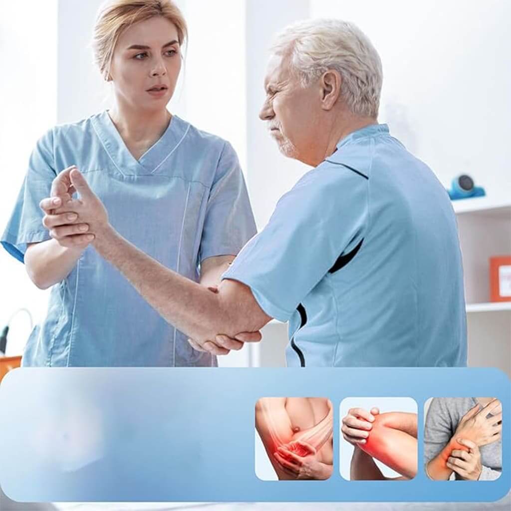 Healthcare professional assisting elderly man with hand pain and rehabilitation techniques in clinic.