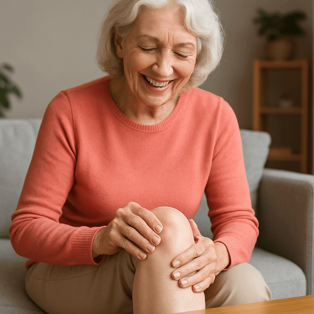 Smiling older woman applying Flexbalm Soothing Gel to her knee for refreshing relief and comfort.