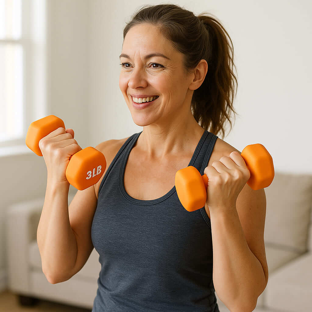 Woman smiling while lifting orange 3LB dumbbells in a workout setting.