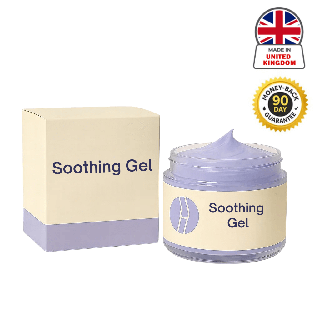 Soothing Gel container with a light purple formula and box, designed for revitalizing relief for joints.