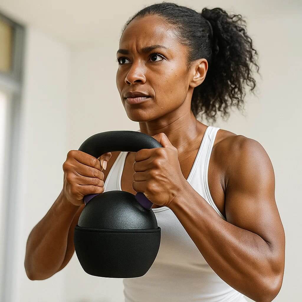 Woman using VersaBell ProFlex adjustable weight for effective strength training at home.
