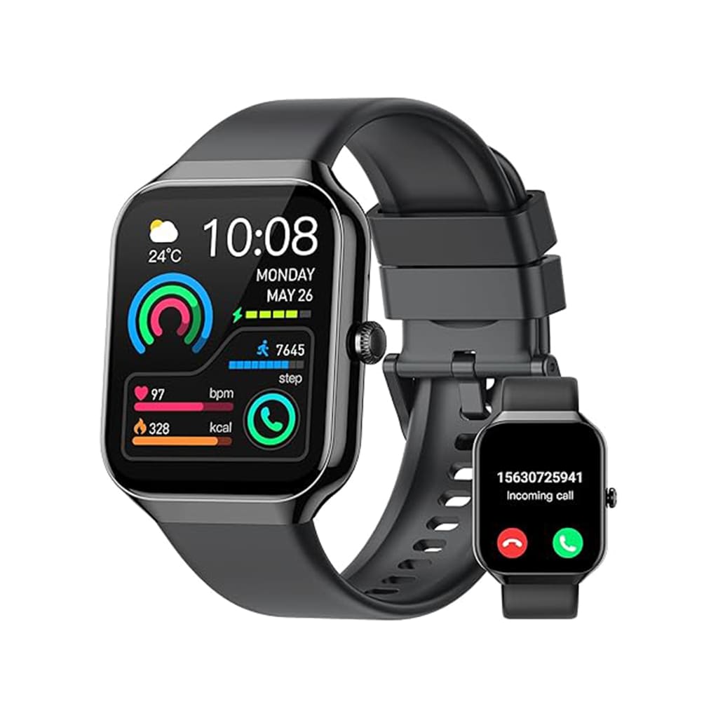 VibeSmart Wellness Watch with HD display, tracking health metrics and call notifications.
