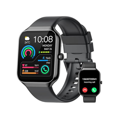 VibeSmart Wellness Watch with HD display, tracking health metrics and call notifications.