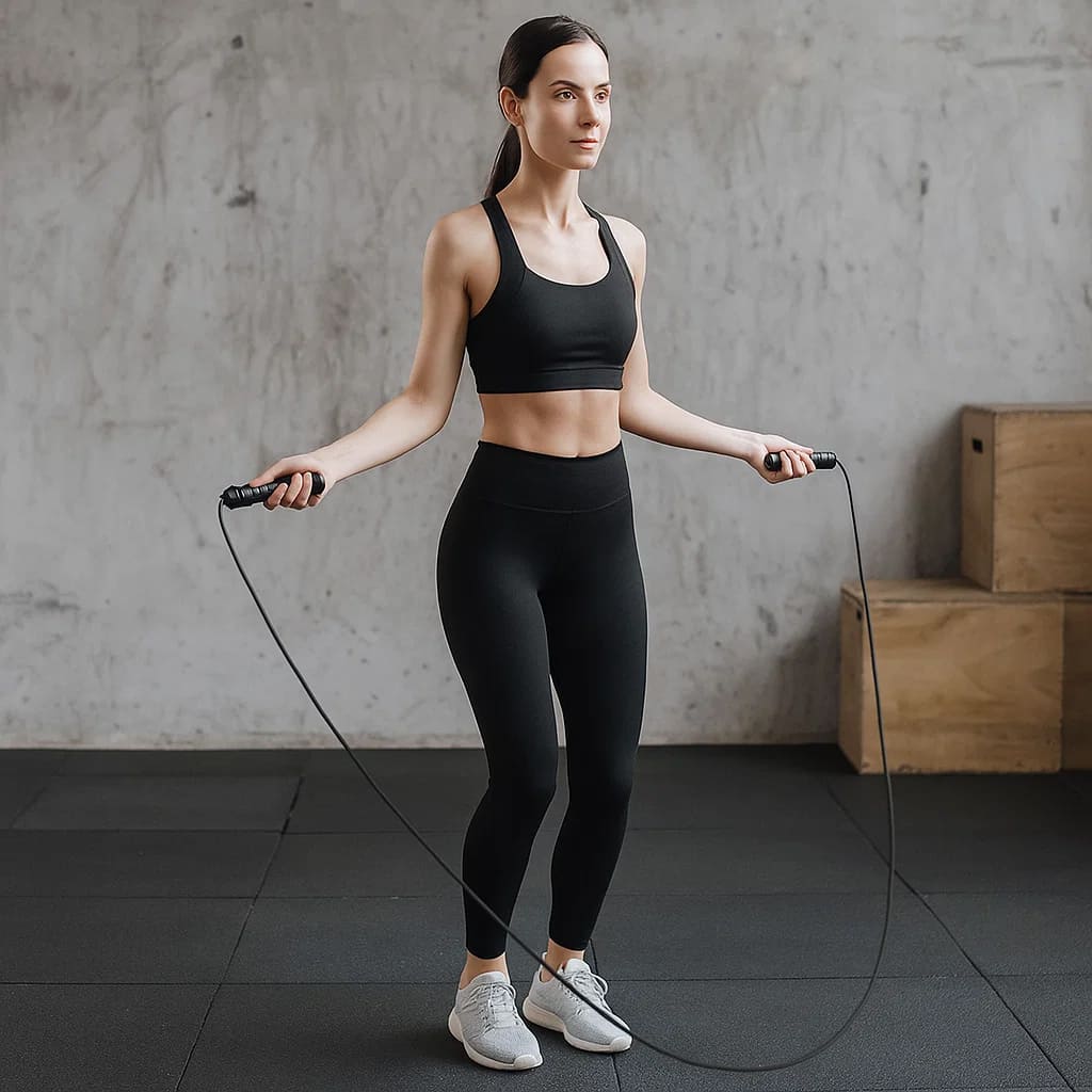Woman using SwiftRope – High-Speed Jump Rope for cardio workout in a gym environment.