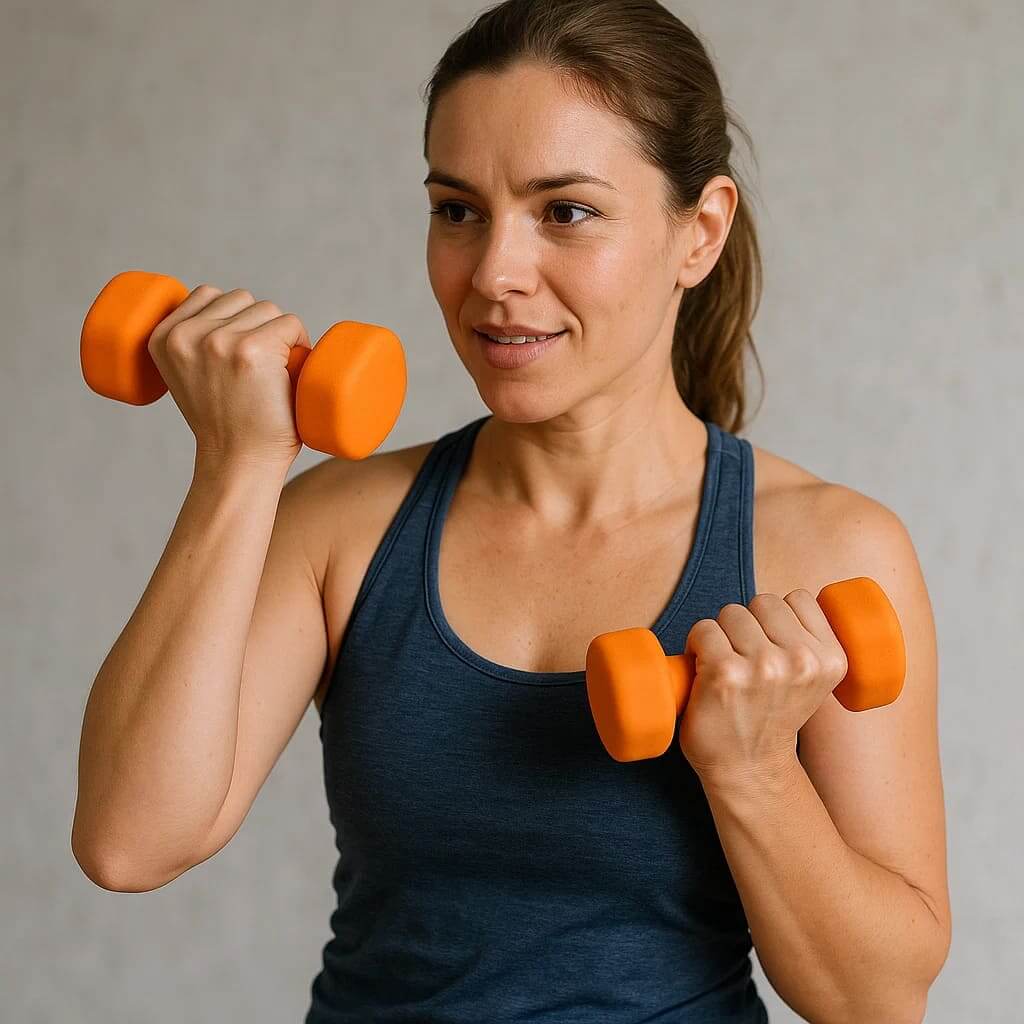 Woman doing strength training with GripFuerza Silicone Ring Trainer and orange dumbbells.
