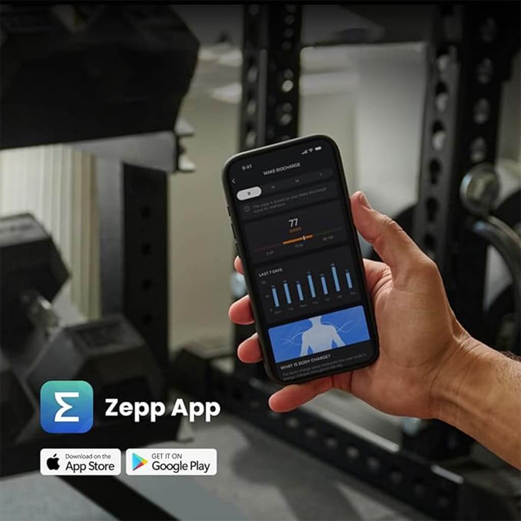 Person holding smartphone displaying Zepp App interface for tracking fitness activities.